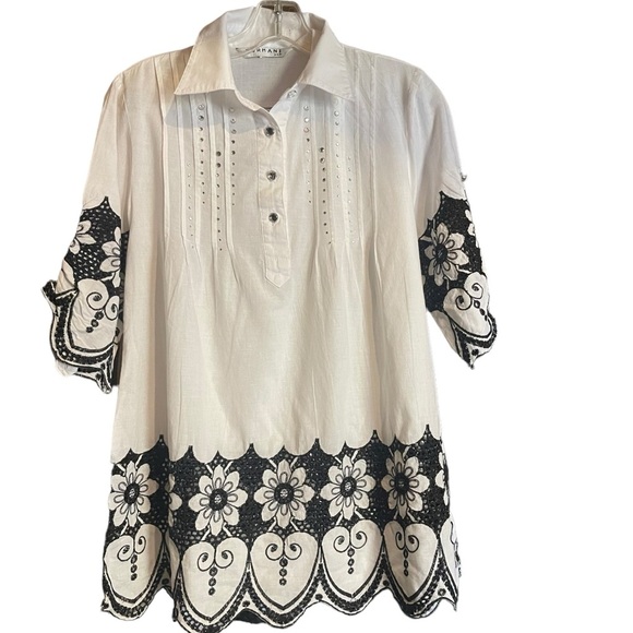 Sormani USA Women’s Cotton White Blouse Crystal Look Buttons, Rivets Lace Detail - Picture 1 of 13